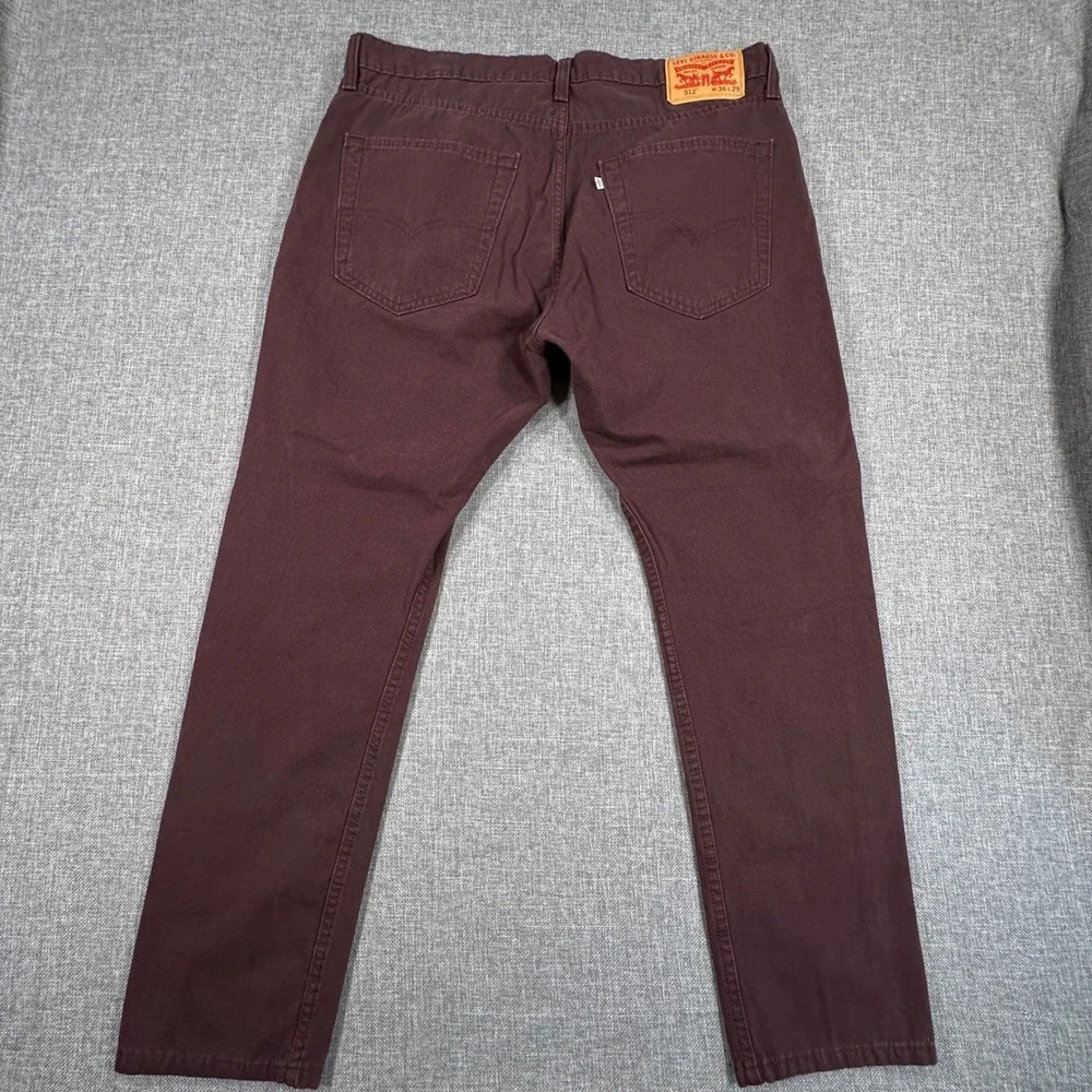 Levis 512 Slim Taper Jeans Mens 36x29 (Fits 36x28) Maroon Burgundy Stretch Twill